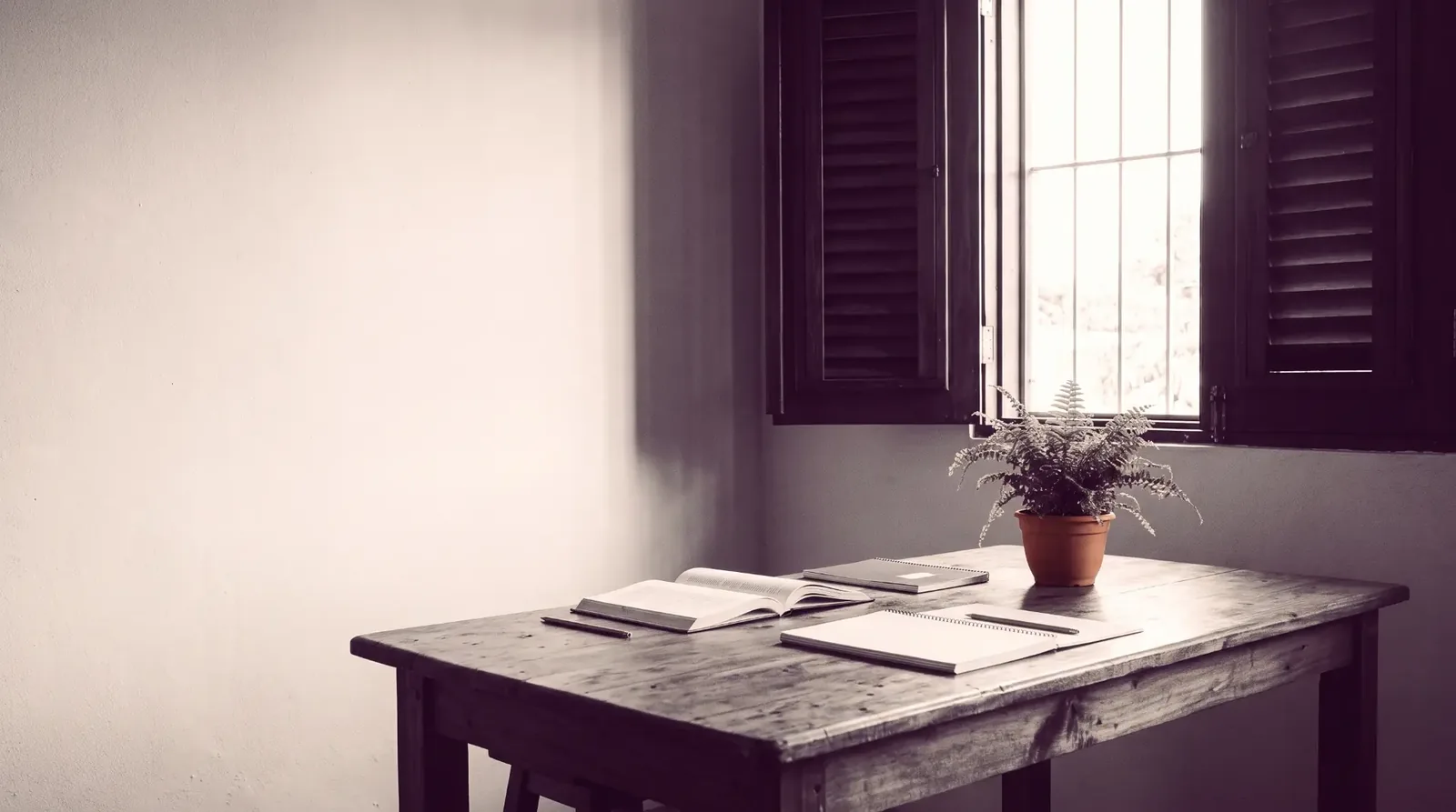 Duotone photograph of a quiet home study corner with an open book and notebooks on a wooden table.