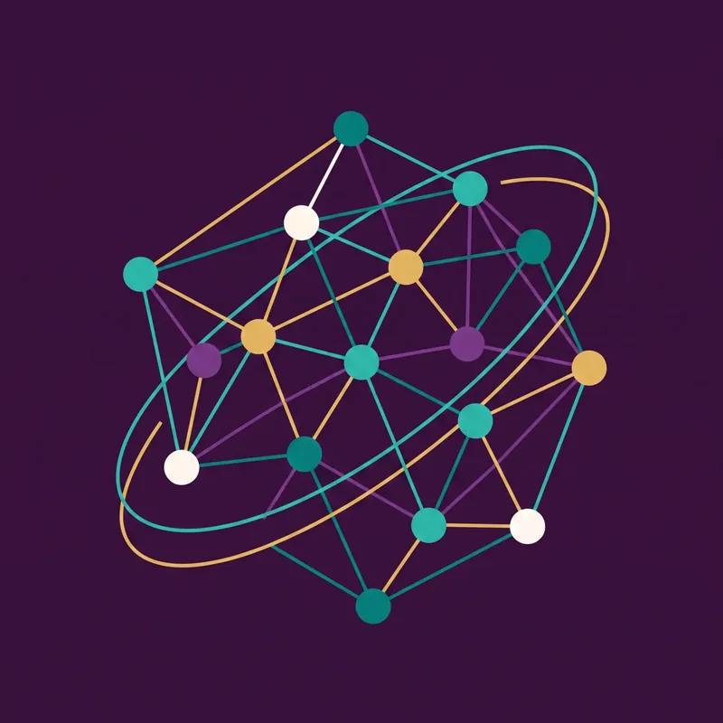 Abstract illustration of a network of connected nodes encircled by two orbits.