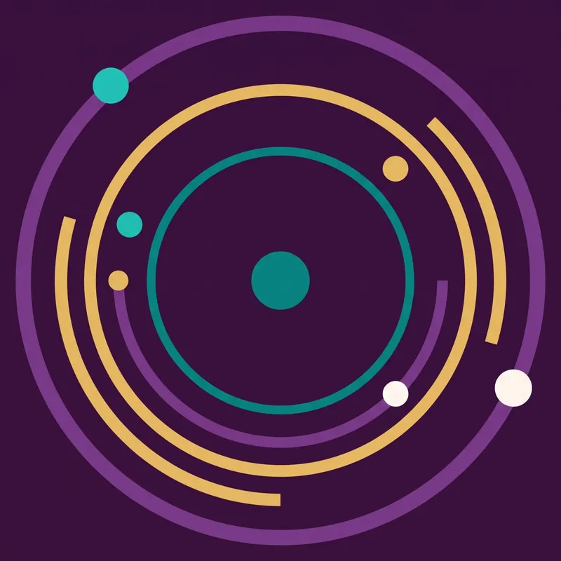 Abstract illustration of orbiting rings and small spheres, suggesting continuous lifelong movement.