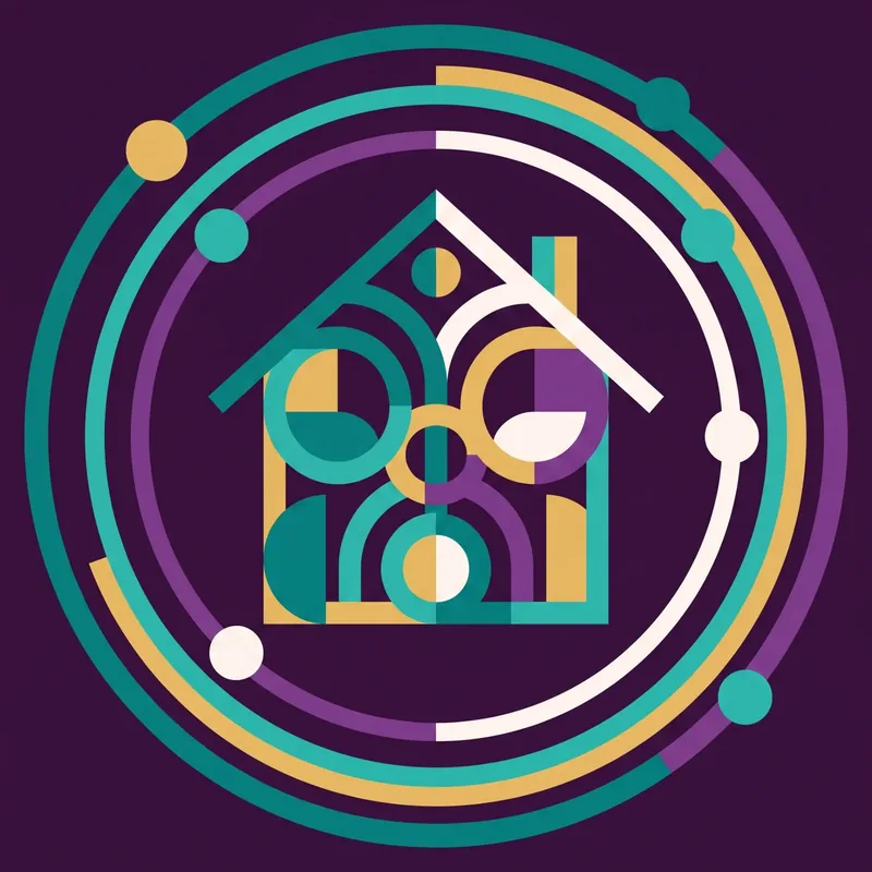 Abstract illustration of a house sheltering three figures, framed by concentric brand-coloured rings.